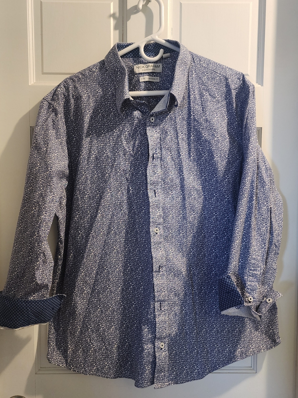 Nick Graham Navy Micro-Print Long-Sleeve Dress Shirt